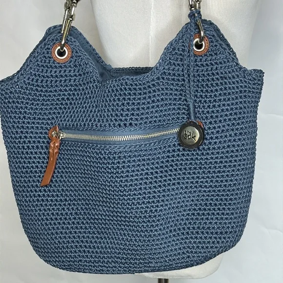 The Sak Blue Hand Crochet Bag with Brown Woven Straps - Picture 2 of 14